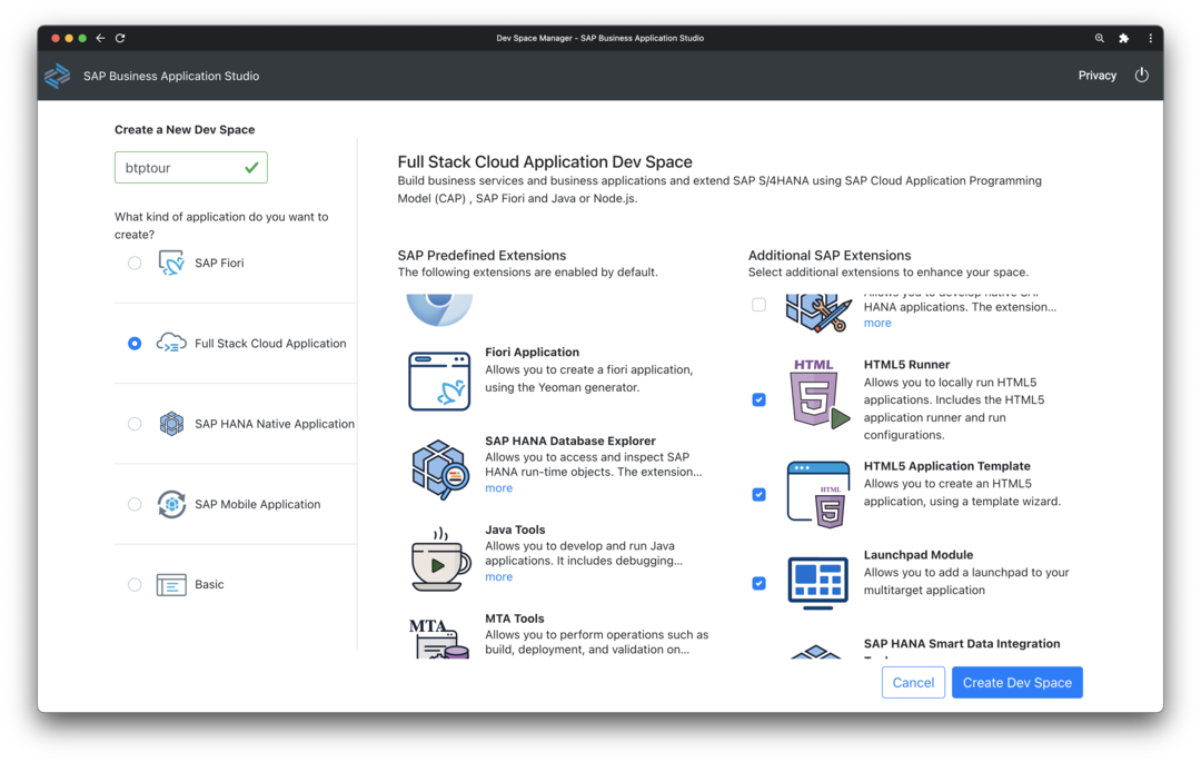 Space creation wizard in Business Application Studio